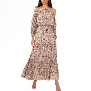 1. State Floral Tiered Smocked Waist Cold Shoulder Halter Neck Boho Maxi Dress
